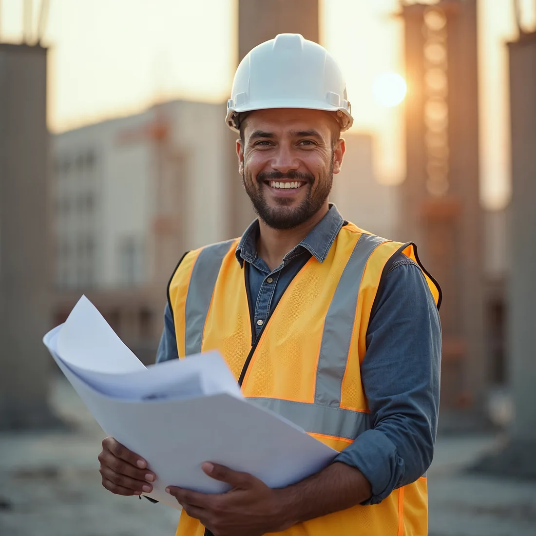 Engenheiro em canteiro de obras, representando a contabilidade da Ação para construção civil em São José dos Campos