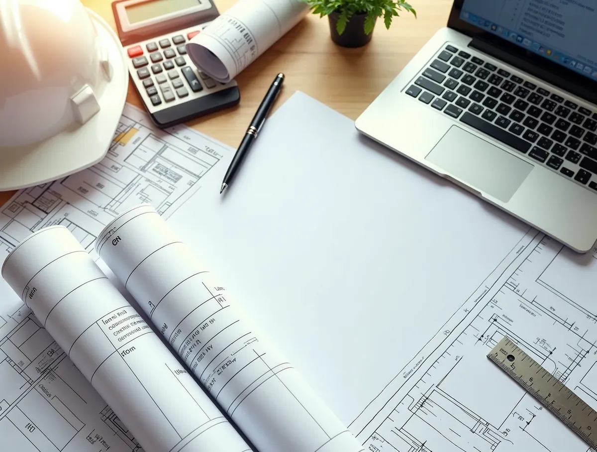 Planta, capacete e calculadora sobre a mesa, representando a contabilidade da Ação para obras em São José dos Campos