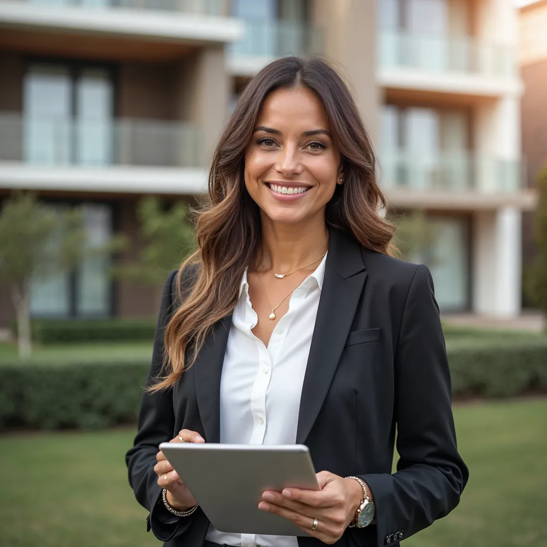 Investidora à frente de um prédio residencial, representando a contabilidade da Ação para holding e mercado imobiliário em São José dos Campos
