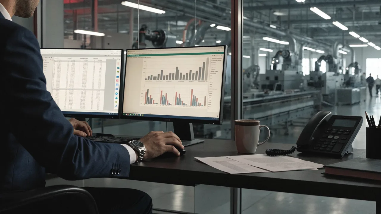 Auditor fiscal revisando planilhas e gráficos de dados fiscais em dois monitores, com o chão de fábrica e máquinas ao fundo através de uma divisória de vidro, representando a auditoria preventiva de SPED e ECF na indústria