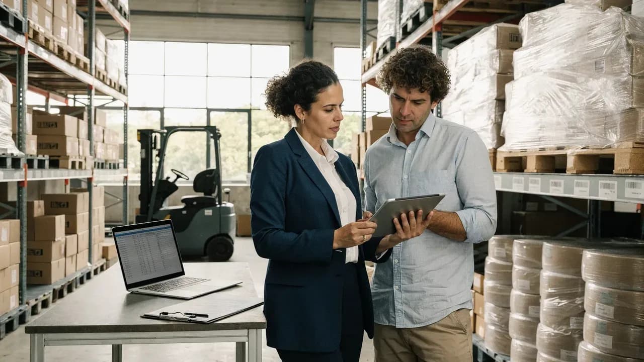 Contadora e supervisor de produção conferindo o estoque de matérias-primas e produtos acabados em um tablet, diante de prateleiras organizadas de um galpão industrial, representando o controle de estoque do Bloco K