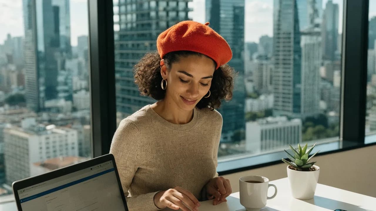 Jovem empreendedora revisando os documentos de abertura da empresa em um notebook, com o skyline de São José dos Campos ao fundo, representando como abrir empresa na cidade