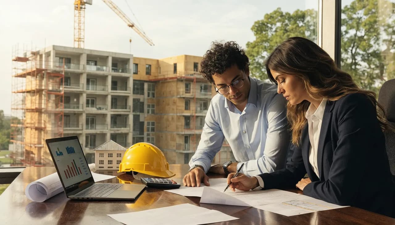 Engenheiro civil e contadora revisando o orçamento de uma obra com plantas, calculadora e notebook sobre a mesa e um canteiro residencial ao fundo, representando a precificação de obra na construção civil