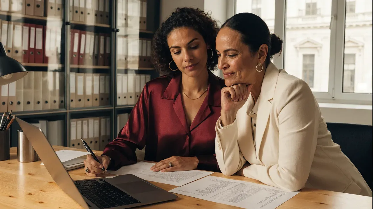 Empresária revisando documentos contábeis com o novo contador em uma mesa de escritório, representando como trocar de contador com segurança na transição
