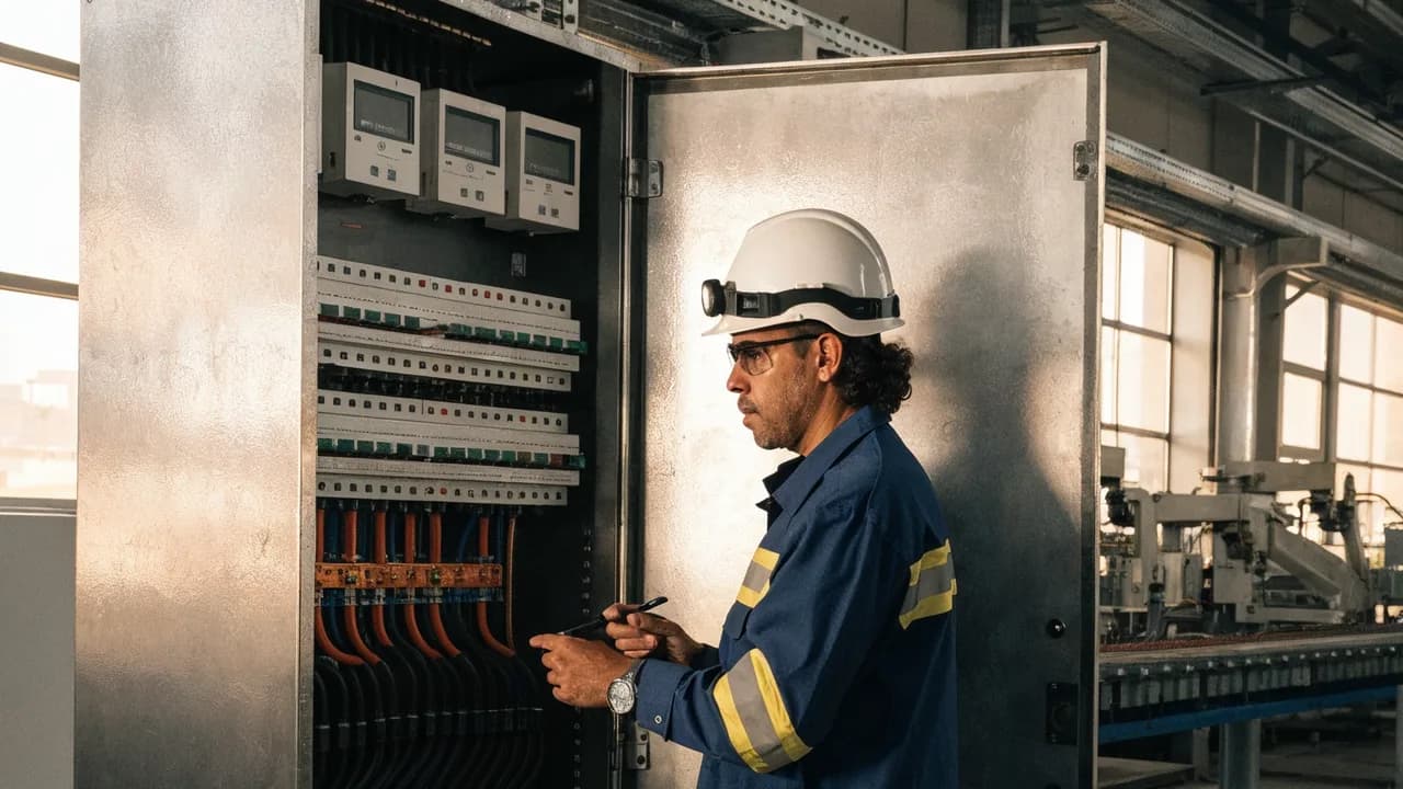 Engenheiro de manutenção industrial com capacete inspecionando um painel elétrico de distribuição com medidores de energia dentro de uma fábrica, representando o crédito de ICMS sobre a energia consumida na produção