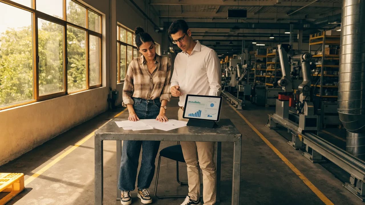 Gestor industrial e contadora revisando notas fiscais e um painel de apuração de IBS e CBS dentro da fábrica, planejando os créditos da reforma tributária
