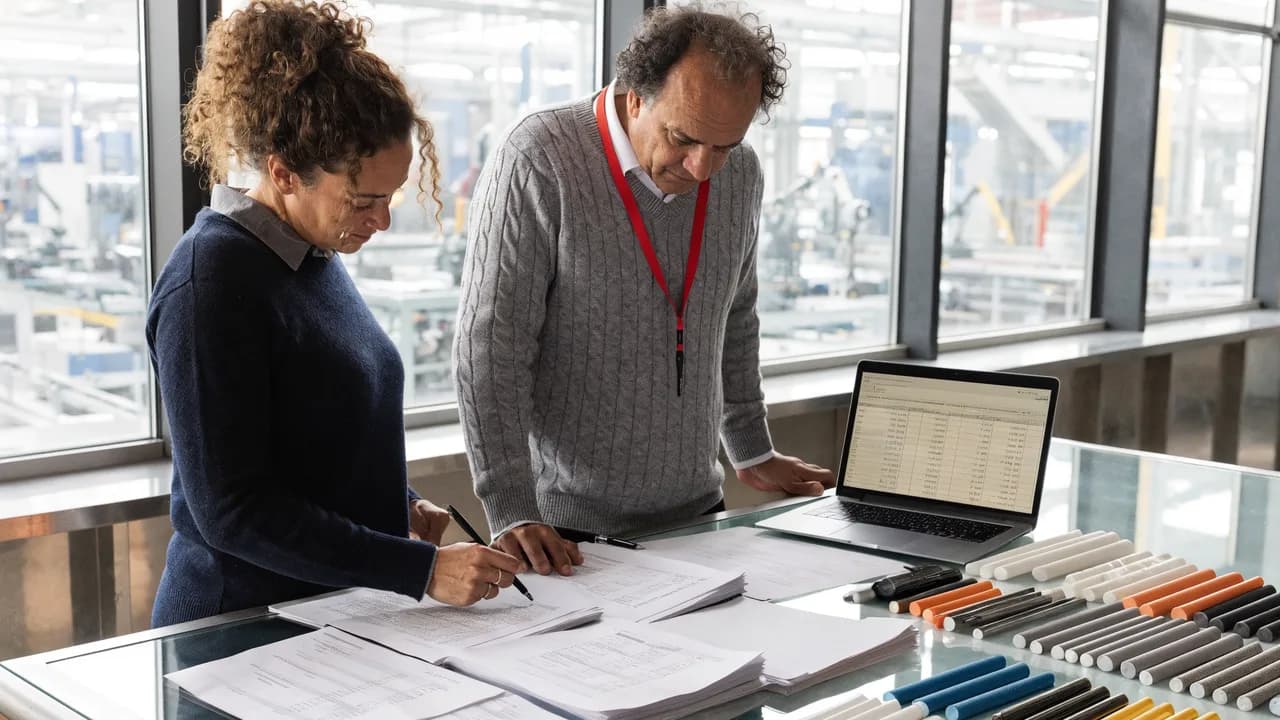 Contadora e gestor industrial revisando notas fiscais de insumos e uma planilha no notebook dentro da fábrica, apurando créditos de PIS e Cofins