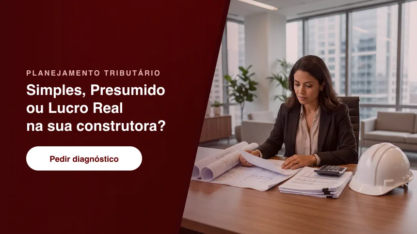 Contadora revisando plantas e documentos fiscais · emissão da NFS-e no município da obra