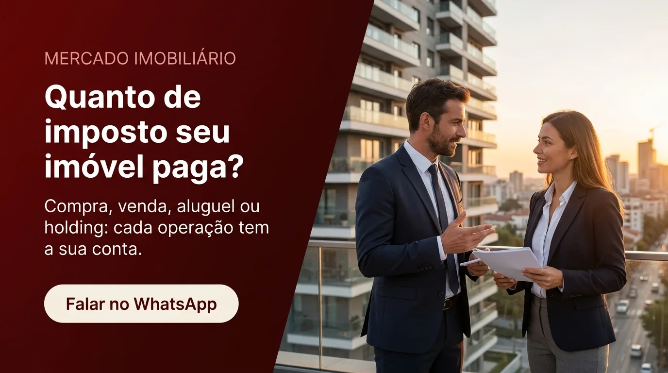 Casal e contador conversando sobre imóveis em frente a um prédio residencial, avaliando montar uma holding familiar para proteger o patrimônio