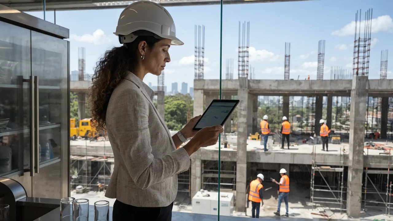 Analista de recursos humanos com capacete branco revisando a folha e os dados dos trabalhadores em um tablet, dentro do escritório envidraçado do canteiro, com operários de colete laranja ao fundo, representando o eSocial na construção civil