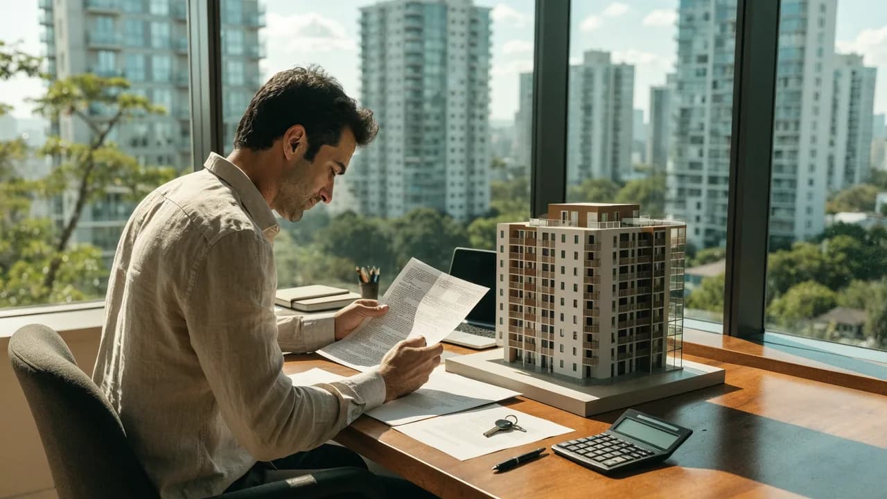 Investidor de imóveis revisando contratos de aluguel com chaves, calculadora e uma maquete de prédio residencial sobre a mesa, à luz do dia, representando o imposto de renda sobre aluguel e o carnê-leão