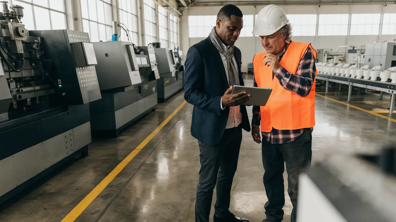 Contador e gestor industrial revisando documentos fiscais em um tablet no chão de fábrica, com a linha de produção ao fundo, representando os impostos na indústria