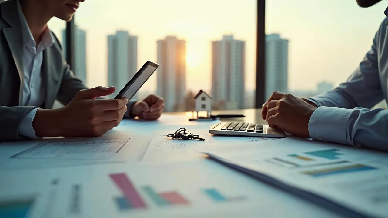 Investidor e contador revisando contratos de imóveis, chaves e uma maquete de prédios sobre a mesa, com edifícios residenciais ao entardecer pela janela, representando os impostos no mercado imobiliário