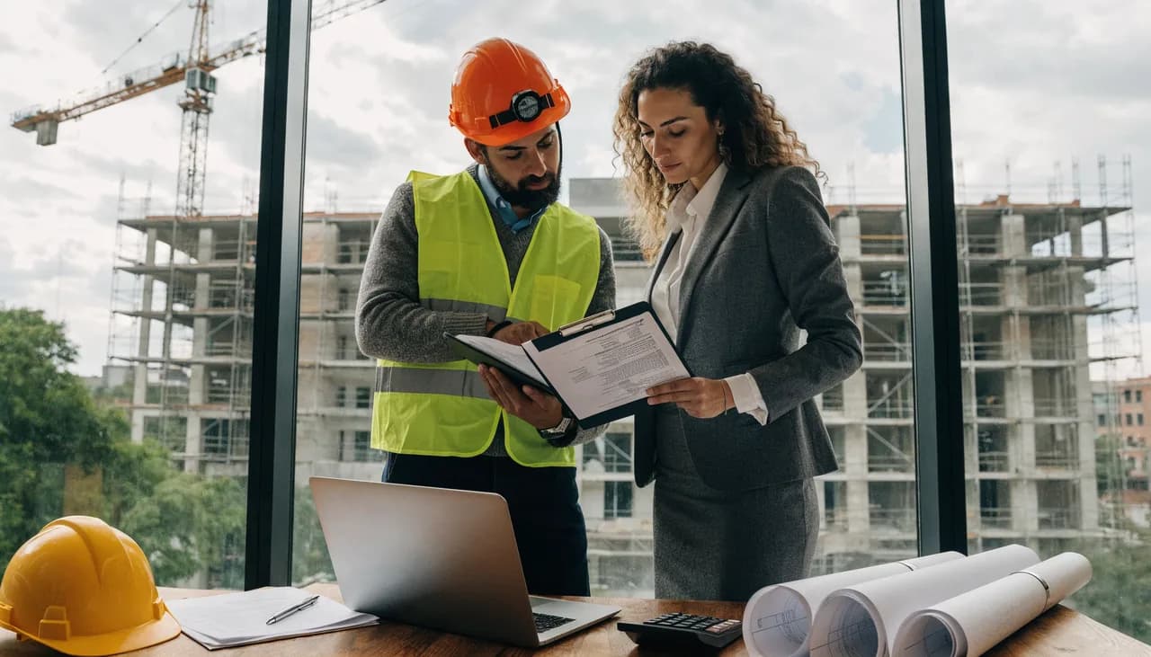 Engenheiro de capacete e colete refletivo e contadora de terno revisando um documento fiscal em prancheta, com notebook, calculadora e plantas sobre a mesa e um prédio em construção ao fundo, representando o ISS na construção civil