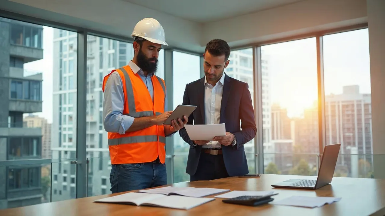 Profissional da construção civil de capacete e colete refletivo emitindo a nota fiscal de serviço em um tablet ao lado de uma contadora, com notebook e documentos sobre a mesa e um prédio em construção ao fundo, representando a NFS-e na construção civil