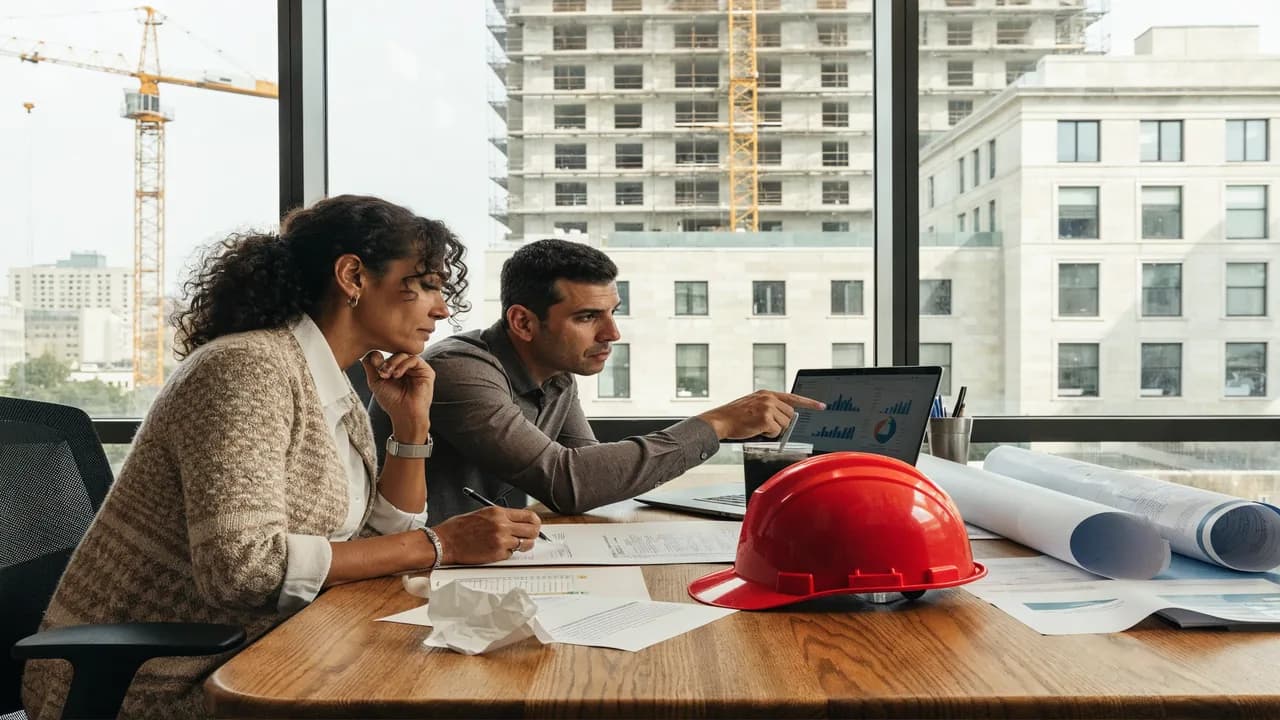 Contadora e engenheiro analisando gráficos no laptop, com capacete e plantas sobre a mesa e um prédio em construção pela janela