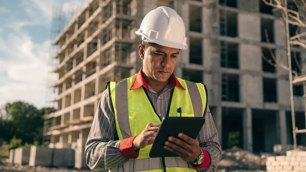 Engenheiro de capacete branco e colete refletivo revisando a documentação e o alvará da obra em um tablet no canteiro, com um prédio residencial em construção ao fundo, representando a regularização de obra na construção civil