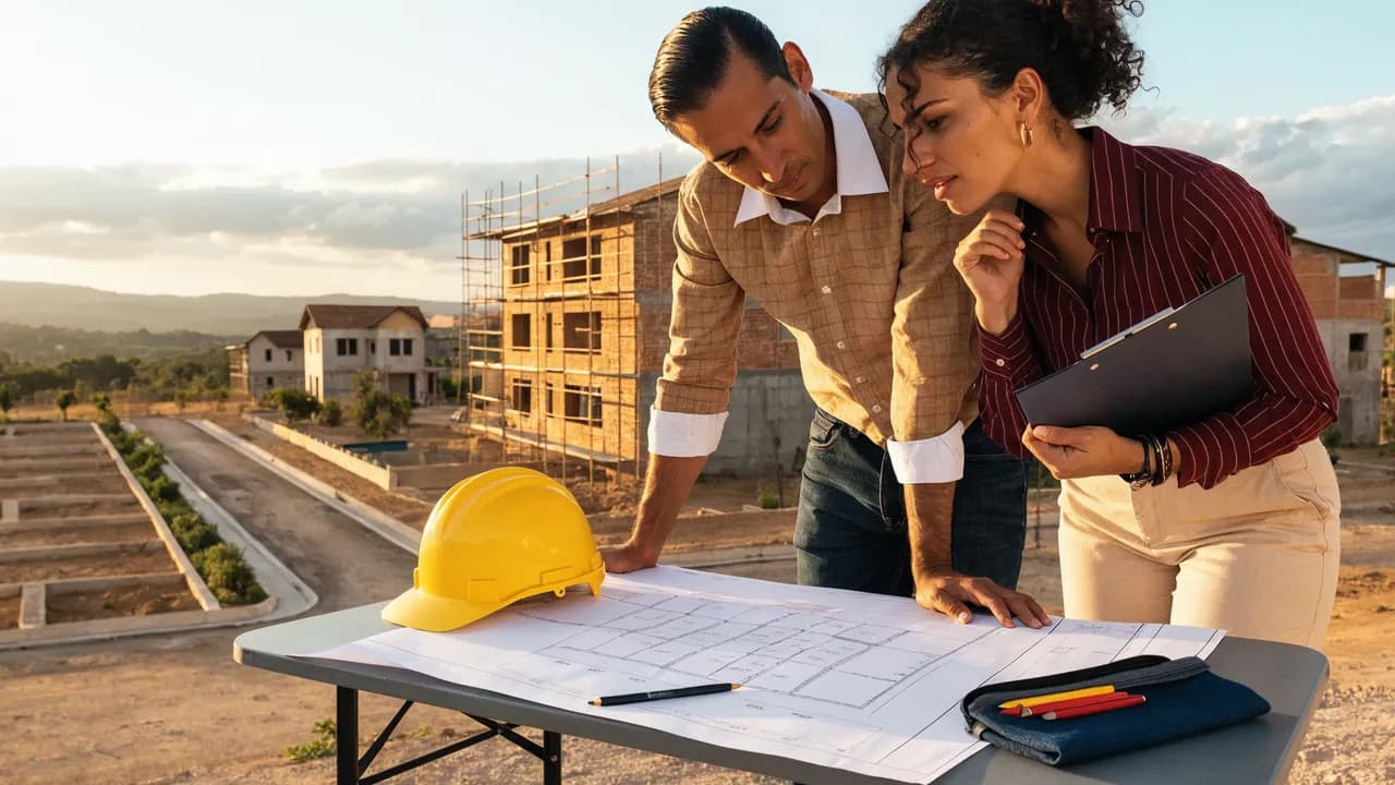 Engenheiro civil e contadora revisando a planta de parcelamento do solo em um loteamento residencial, com ruas abertas e lotes demarcados ao fundo, representando o RET em loteamentos