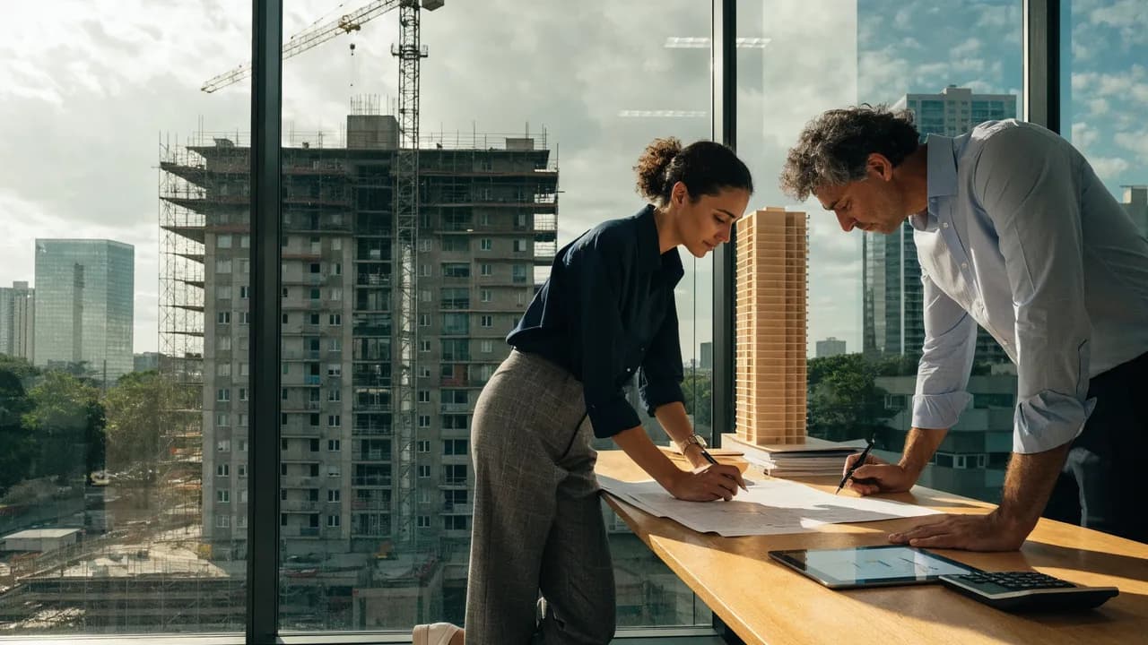 Incorporadora e contador revisando o registro da incorporação e a planta do prédio na mesa do escritório, com maquete de um edifício e um prédio em construção pela janela