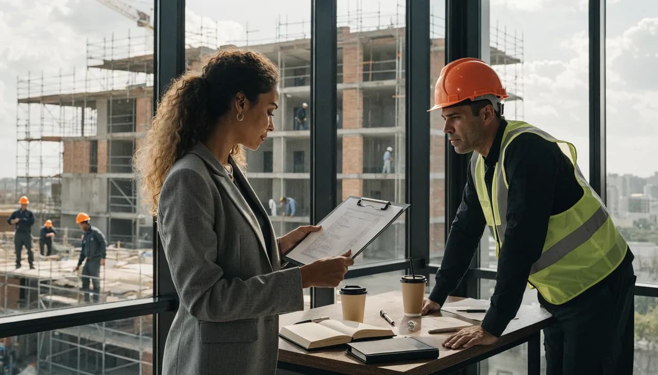 Contadora de blazer cinza revisando uma nota fiscal em prancheta ao lado de um mestre de obras de capacete laranja e colete refletivo, com operários e um prédio em construção ao fundo, representando a retenção de INSS na construção civil